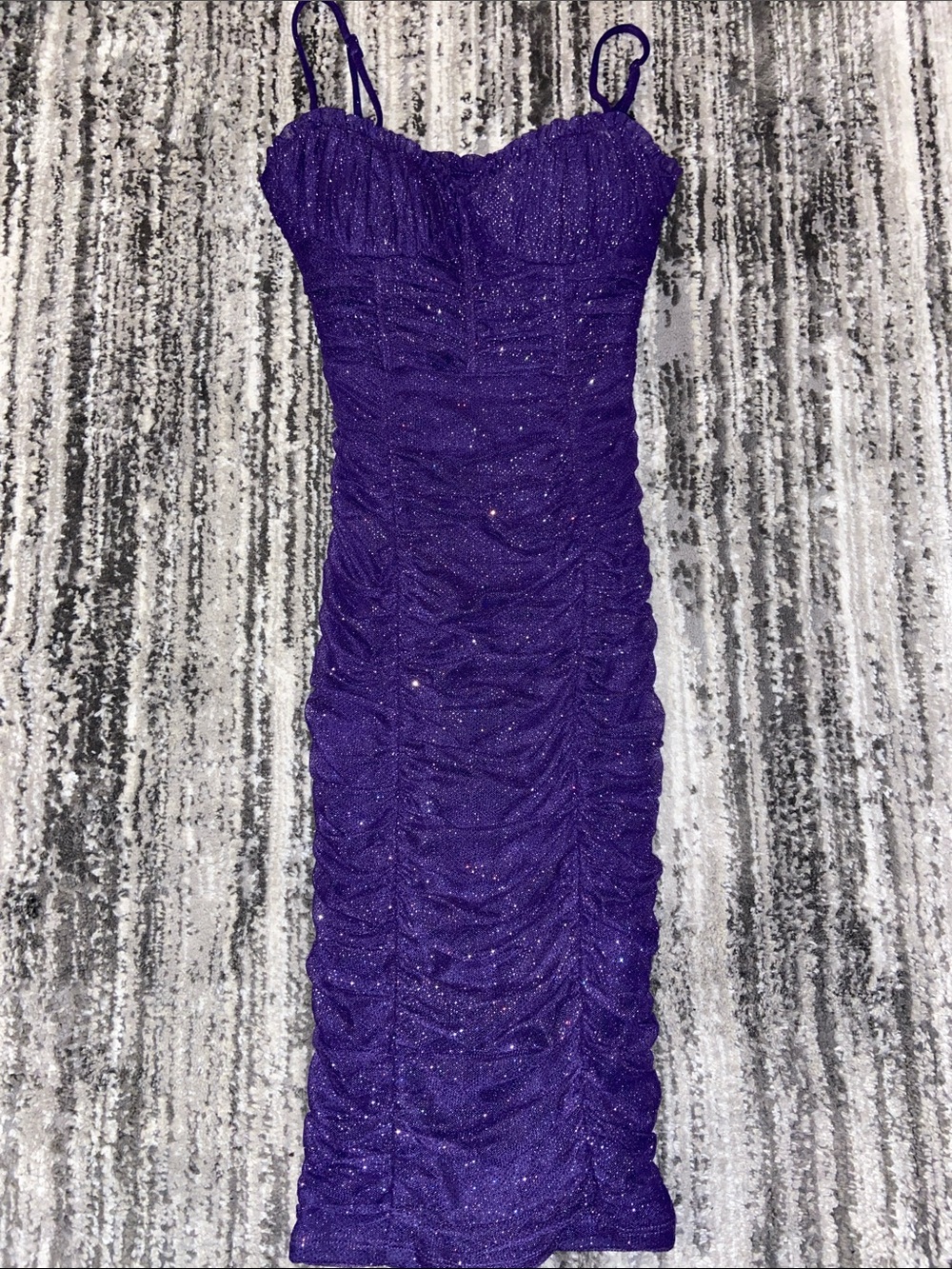 City Studios purple spaghetti-strap dress featuring a glittery, ruched XXS